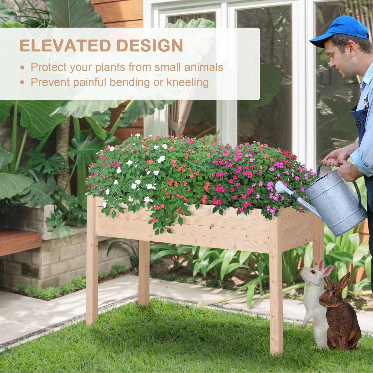 Outsunny Garden Wooden Planters√Ø¬º≈í Non-Woven Fabric, Rectangular Raised Bed,Fir Wood√Ø¬º≈íIndoor/Outdoor, 122.5Lx56.5Wx76H cm