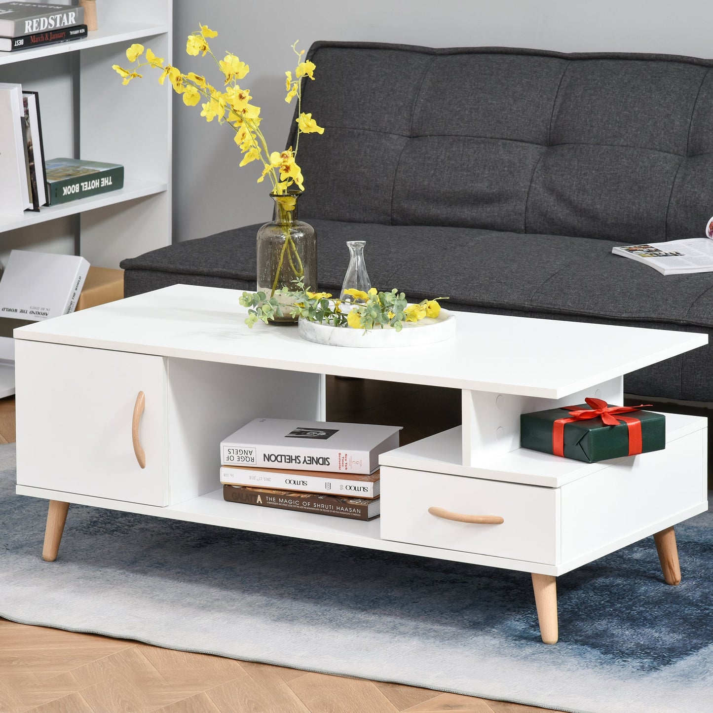 Retro Style Minimalism Coffee Sofa Side Table with Storage with Shelf & Drawer for Living Room Reception Room, White