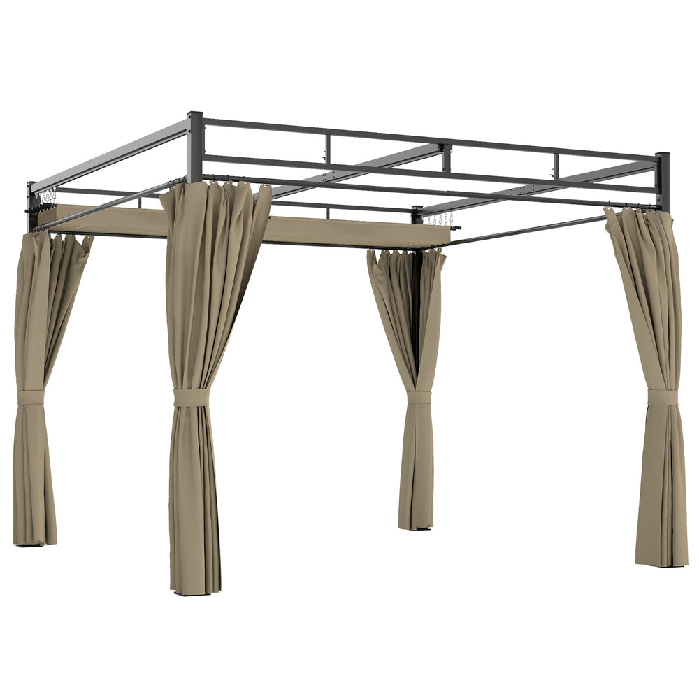Outsunny 3 x 3 m Pergola with Retractable Roof Canopy and Curtains, UPF30+ Metal Frame Garden Pergola Gazebo Sun Shade, Khaki