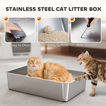 PawHut XL Stainless Steel Litter Box w/ 100Â° Flip Top, Scoop, Side Top Dual Entry, Odor Free, Easy Cleaning, Anti Leakage