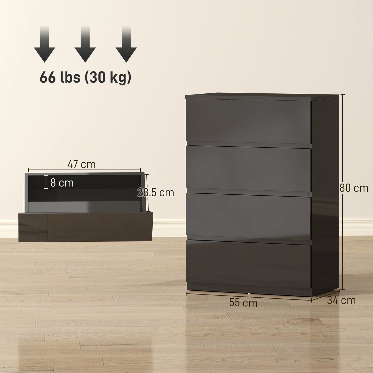 HOMCOM Chest of Drawers, 4-Drawer Storage Cabinets, Modern Dresser, Storage Drawer Unit for Bedroom