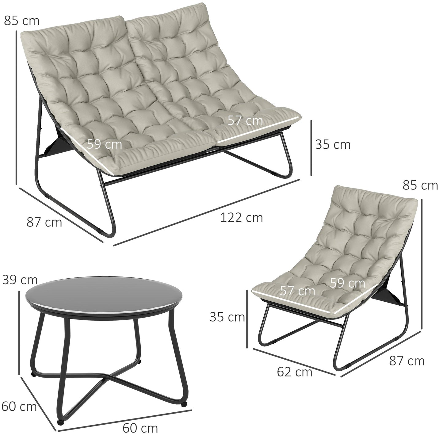 Outsunny 4 Seater Garden Furniture Set, Conversation Set with Loveseat Sofa, Chairs, Glass Coffee Table, Thick Cushions, Steel Outdoor Sofa for Balcony, Poolside, Conservatory, Light Grey