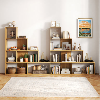 4-Tier Stepped Bookshelf Modern Ladder Bookcase with 6 Storage Cubes-Natural
