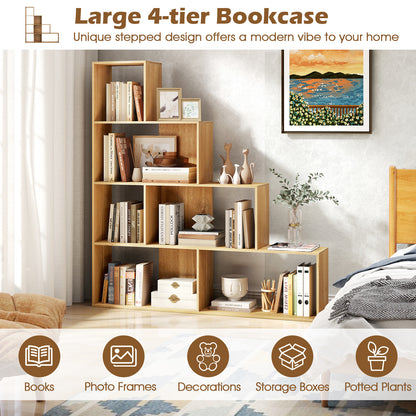 4-Tier Stepped Bookshelf Modern Ladder Bookcase with 6 Storage Cubes-Natural