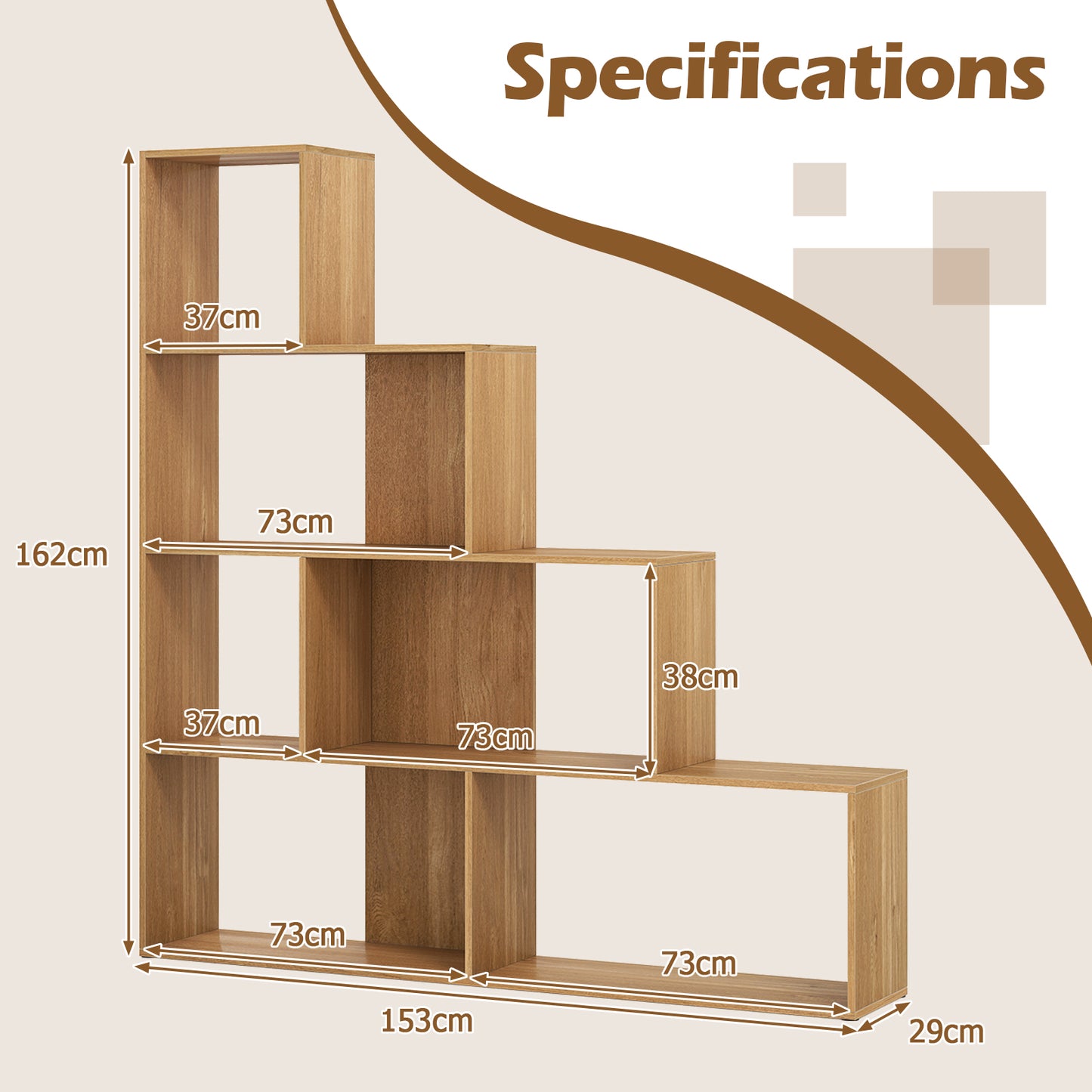 4-Tier Stepped Bookshelf Modern Ladder Bookcase with 6 Storage Cubes-Natural