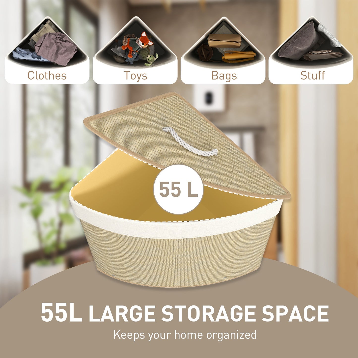 HOMCOM Bamboo Laundry Basket with Lid, 55L Corner Laundry Hamper with Removable Washable Liner Bag, Bathroom Triangle Washing Basket, 35 x 35 x 60 cm, Nature Wood Finish