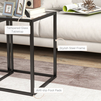 HOMCOM Nesting Tables Set of 2, Side End Table with Tempered Glass Top and Steel Frame for Living Room, Bedroom, Black