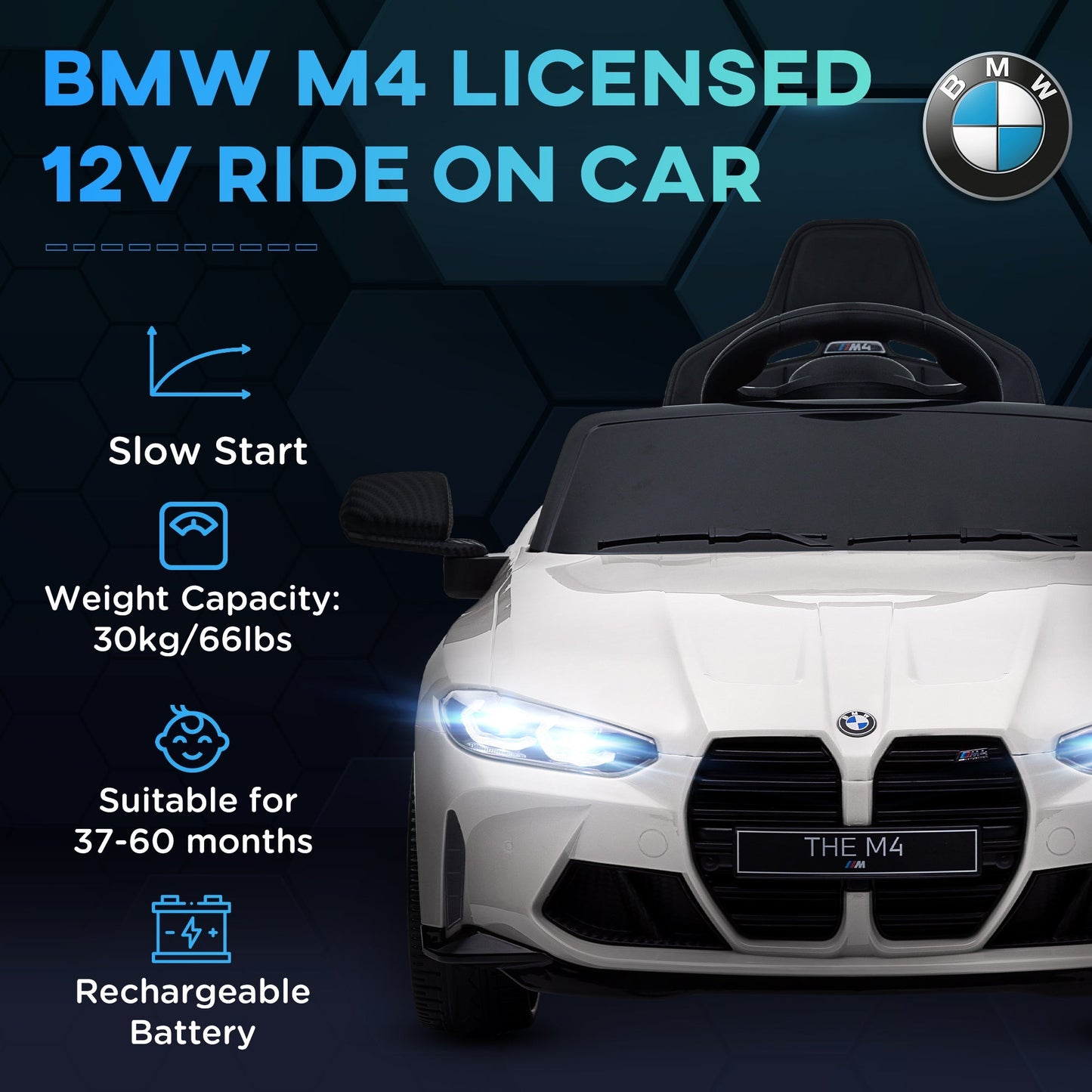AIYAPLAY 12V BMW Licensed Kids Car, with Easy Transport, Remote Control, Suspension, Music, Horn, LED Lights, White