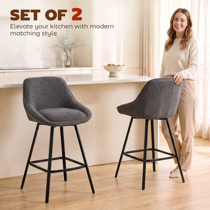HOMCOM Bar Stools Set of 2, 64 cm Modern Linen-Touch Fabric 360° Swivel Counter Height Bar Chairs, Dark Grey