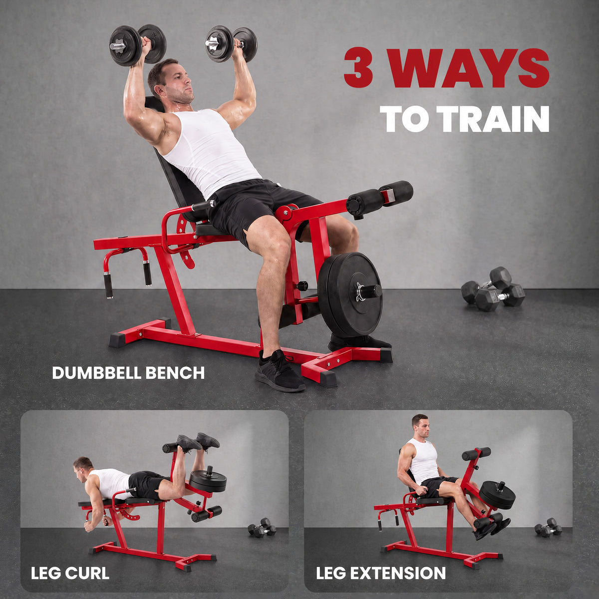 SPORTNOW 3-in-1 Leg Extension and Curl Machine, 300kg Heavy Duty Adjustable Weight Bench with Leg Developer, Red
