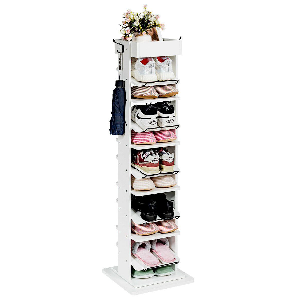 11 Tier 360° Rotating Shoe Organiser with 2 Hooks-White