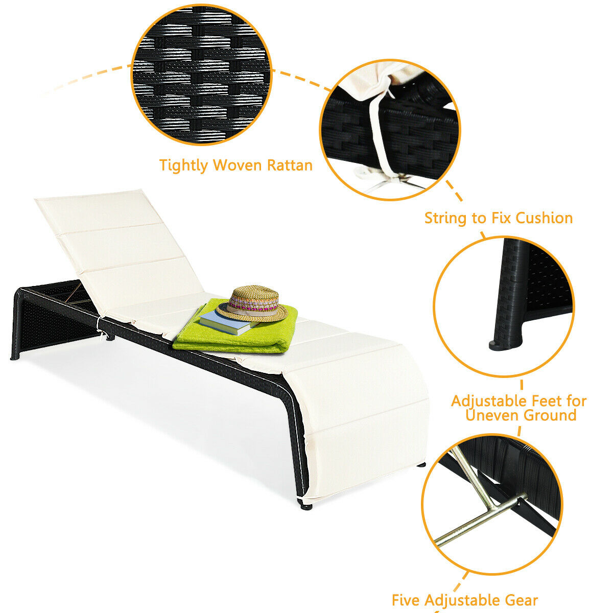 Rattan Sun Lounger with Cushion and Adjustable Feet