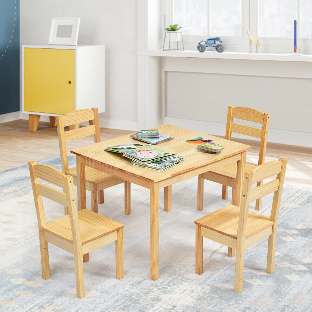 5 Pieces Kids Pine Wood Table Chair Set-Natural