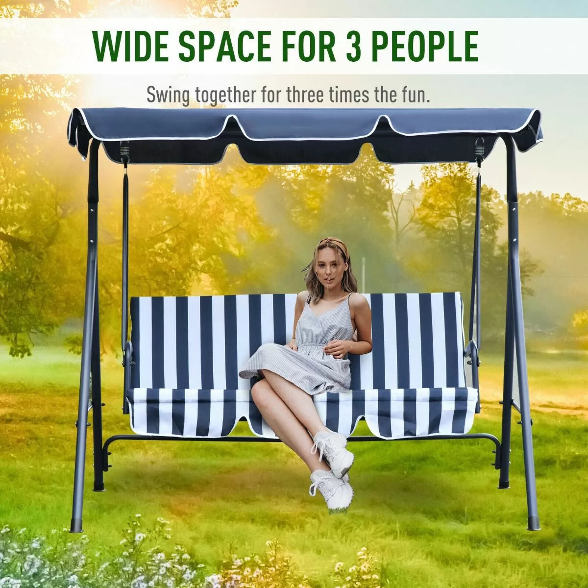 3 Seater Garden Swing With Adjustable Canopy - Blue Stripe