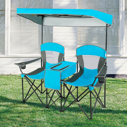 Double Folding Camping Chair with Canopy and Armrests-Blue