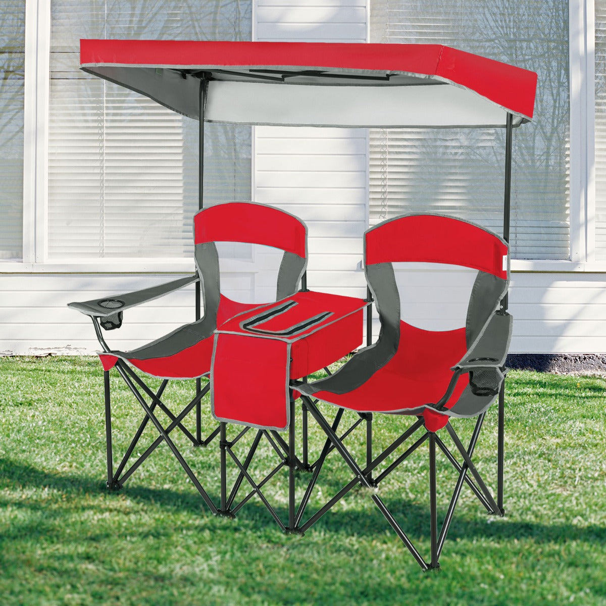 Double Folding Camping Chair with Canopy and Armrests-Red