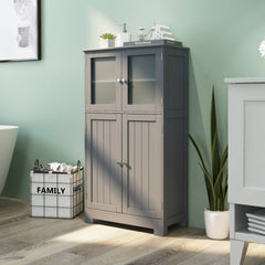 4-Door Bathroom Floor Cabinet with Glass Doors and Adjustable Shelf-Grey