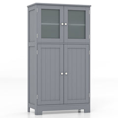 4-Door Bathroom Floor Cabinet with Glass Doors and Adjustable Shelf-Grey
