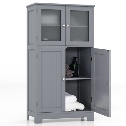 4-Door Bathroom Floor Cabinet with Glass Doors and Adjustable Shelf-Grey