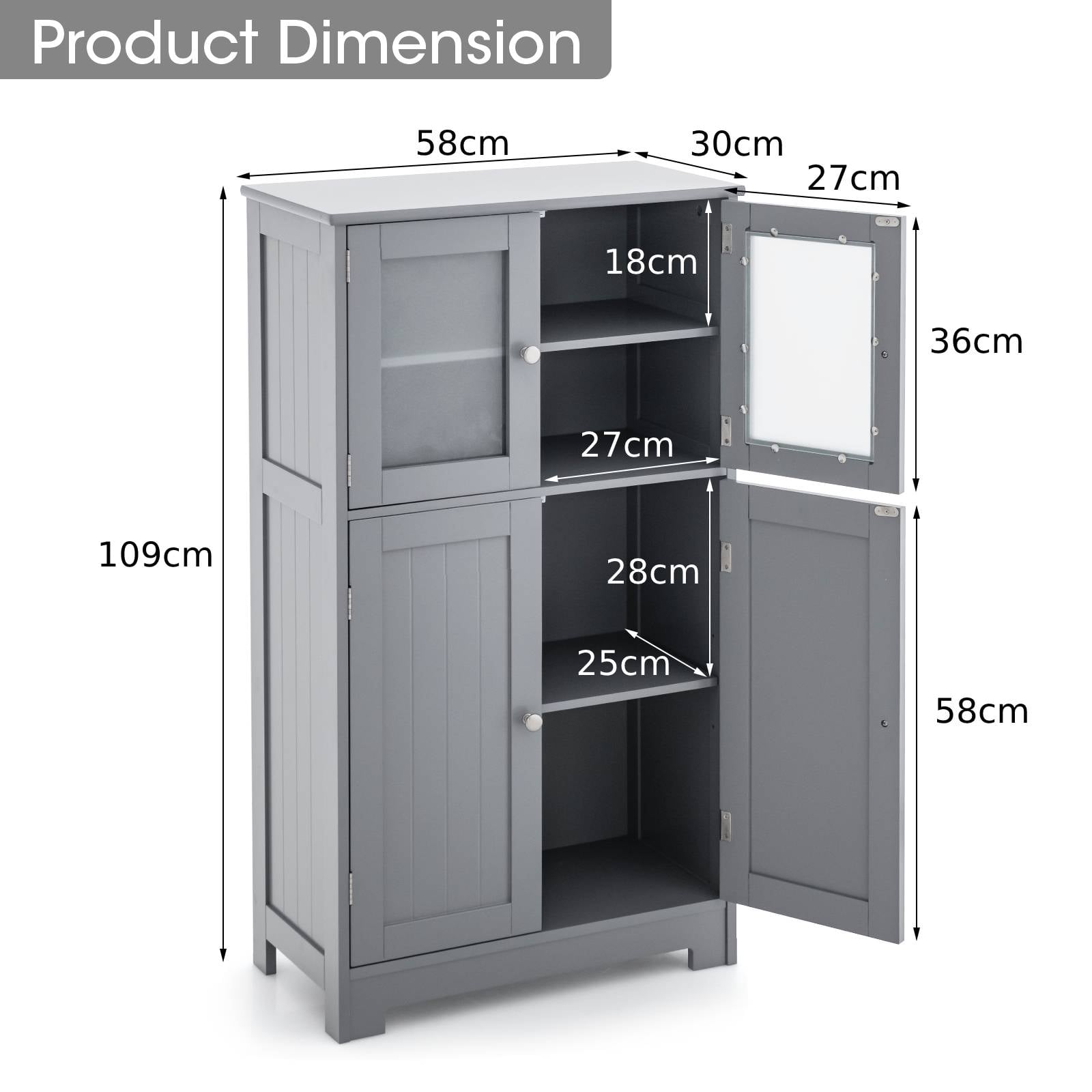 4-Door Bathroom Floor Cabinet with Glass Doors and Adjustable Shelf-Grey