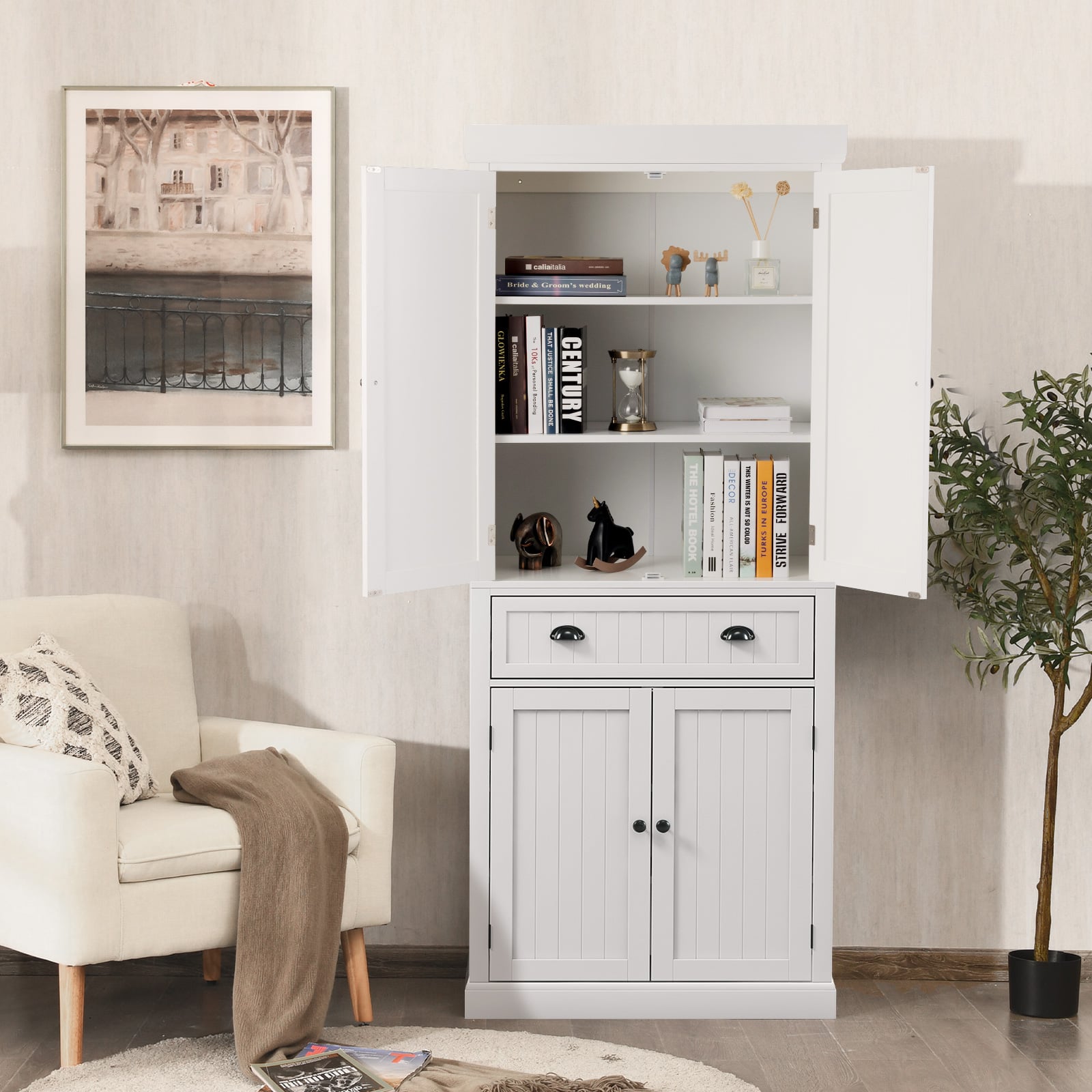 4-Door Tall Kitchen Cupboard Adjustable Shelves and Drawer-White
