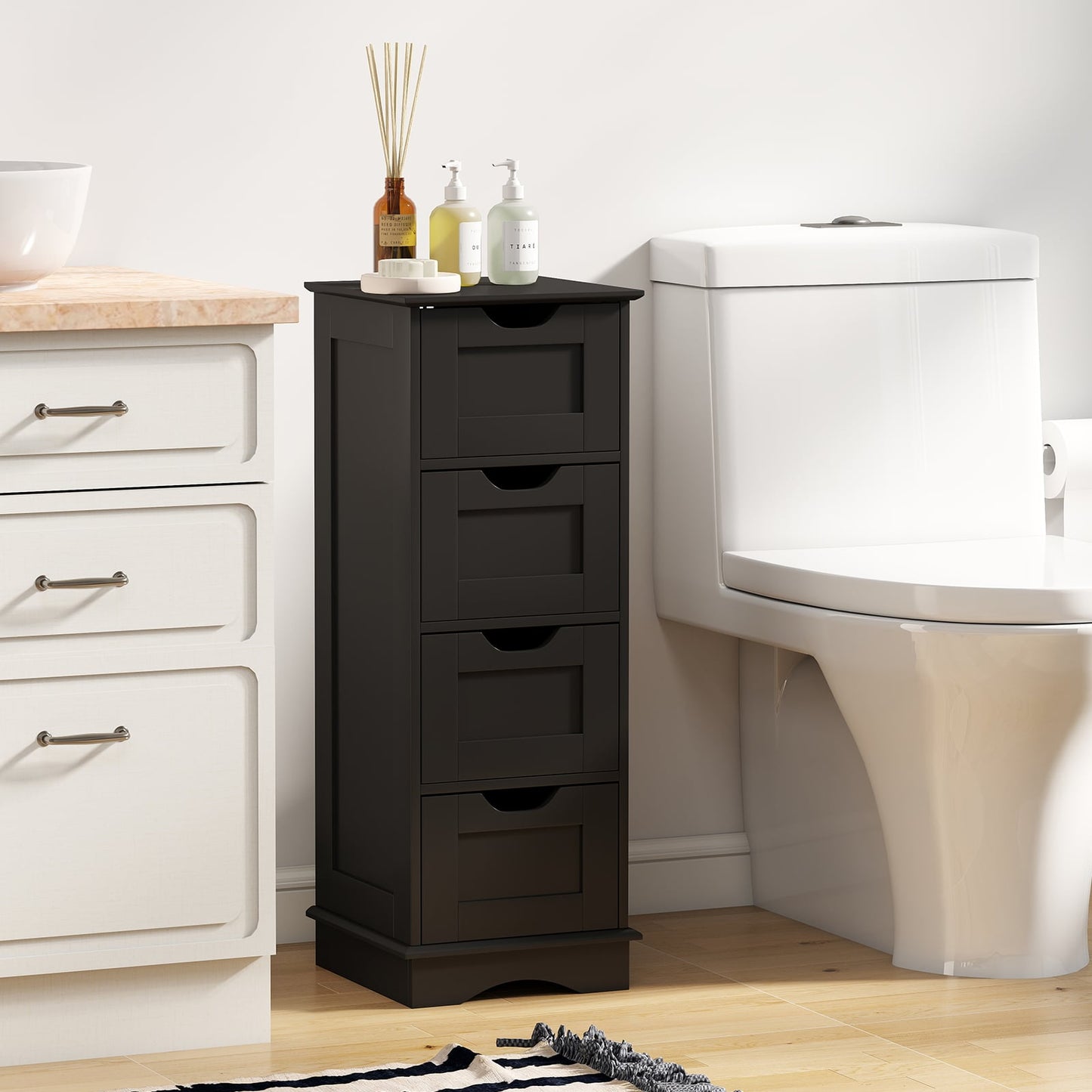 4-Drawer Bathroom Cabinet Narrow Floor Standing Cabinet-Black