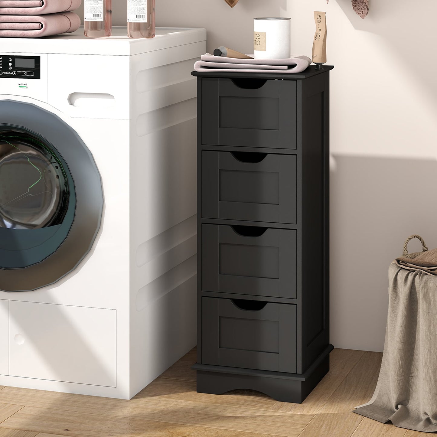 4-Drawer Bathroom Cabinet Narrow Floor Standing Cabinet-Black