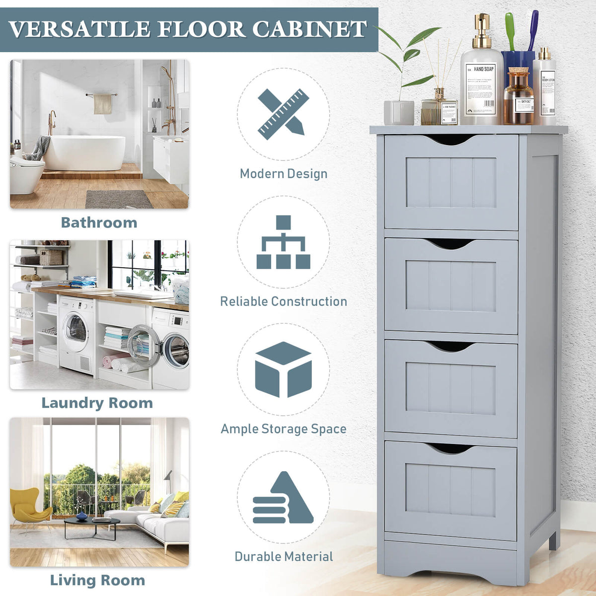 4 Drawers Bathroom Floor Cabinet with Curved Handle-Grey
