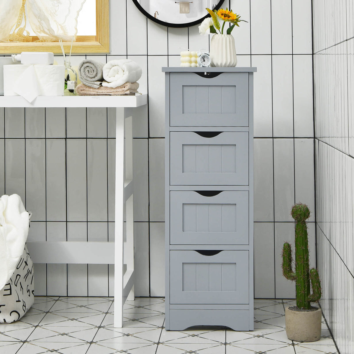 4 Drawers Bathroom Floor Cabinet with Curved Handle-Grey