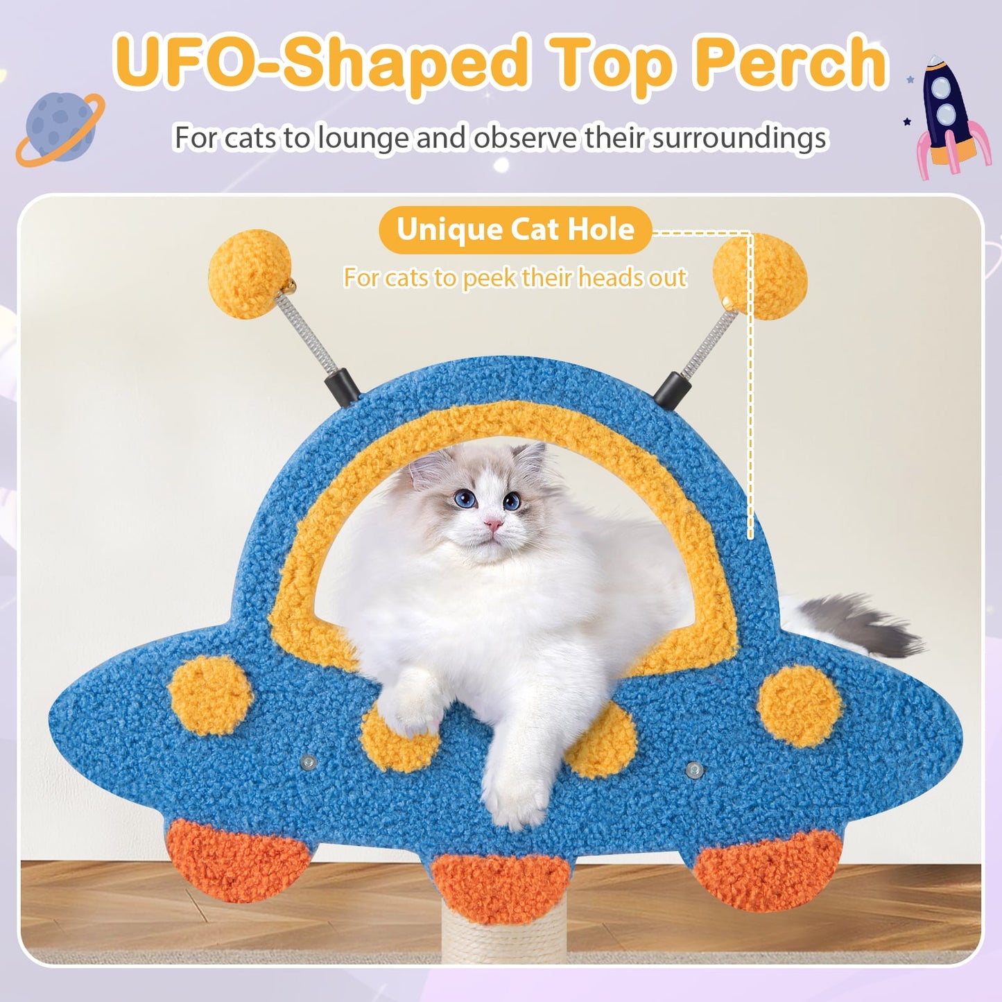 4-Level Cute Cat Tree Tower with UFO-Shaped Top Perch-Blue