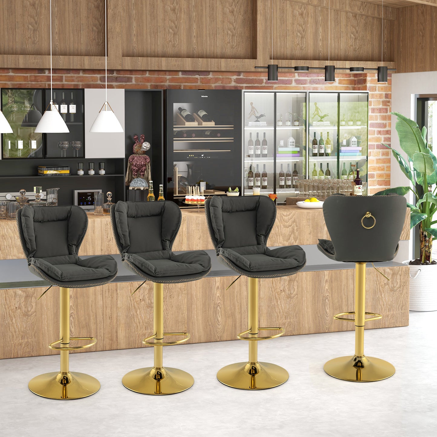 Set of 4 PU Leather Bar Stool Adjustable with Padded Seat Grey