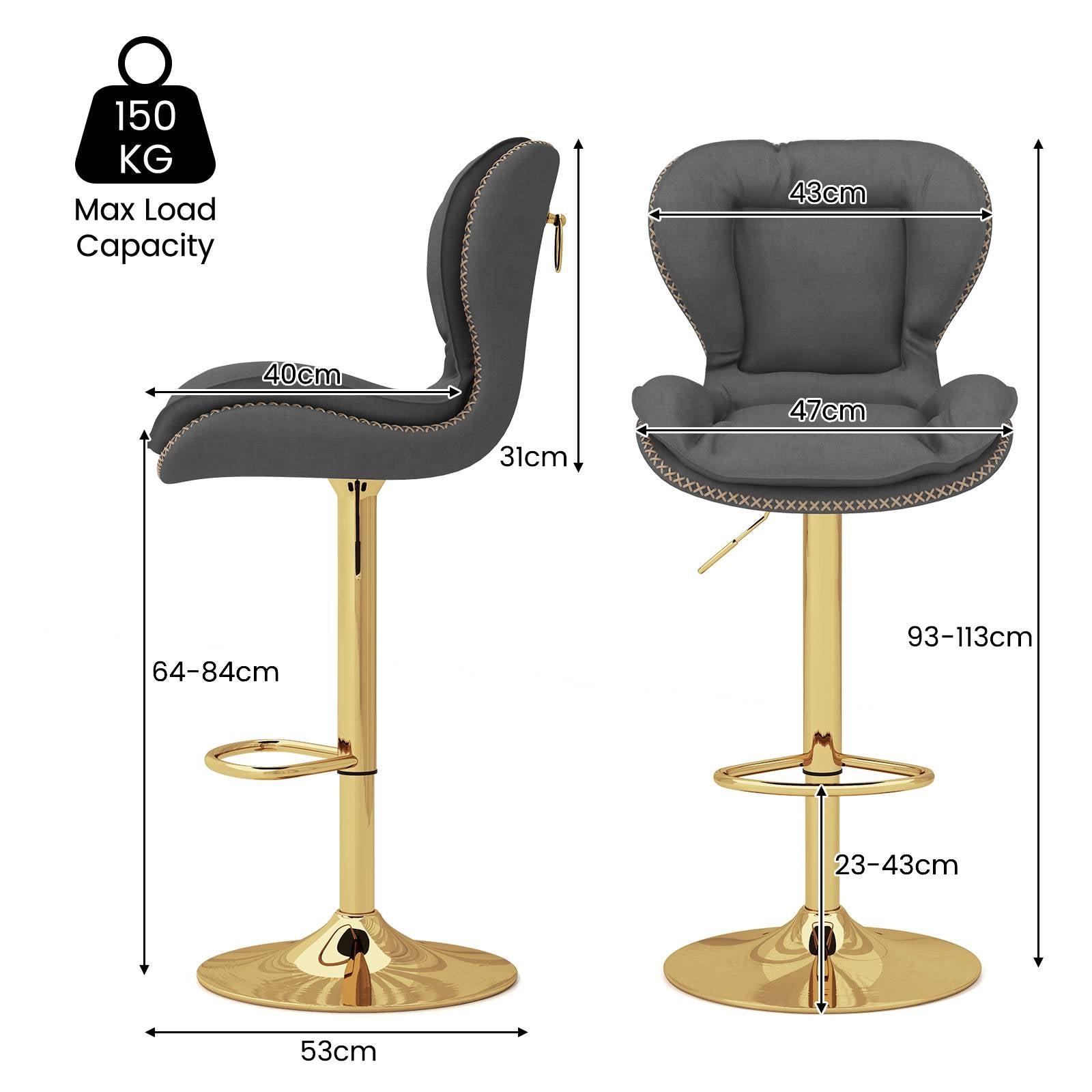 Set of 4 PU Leather Bar Stool Adjustable with Padded Seat Grey