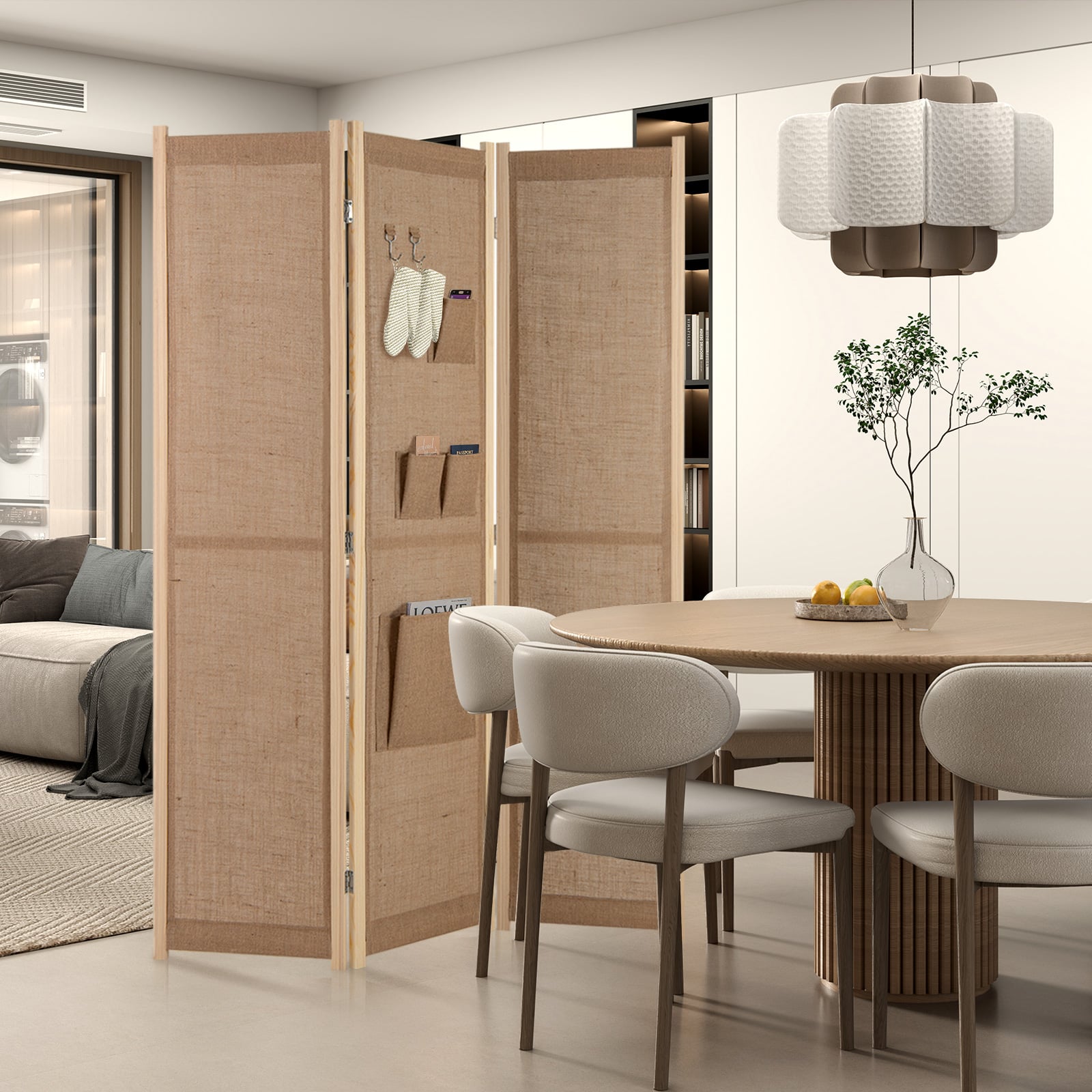 3 Panel Faux Linen Room Divider with Storage Bags-Natural