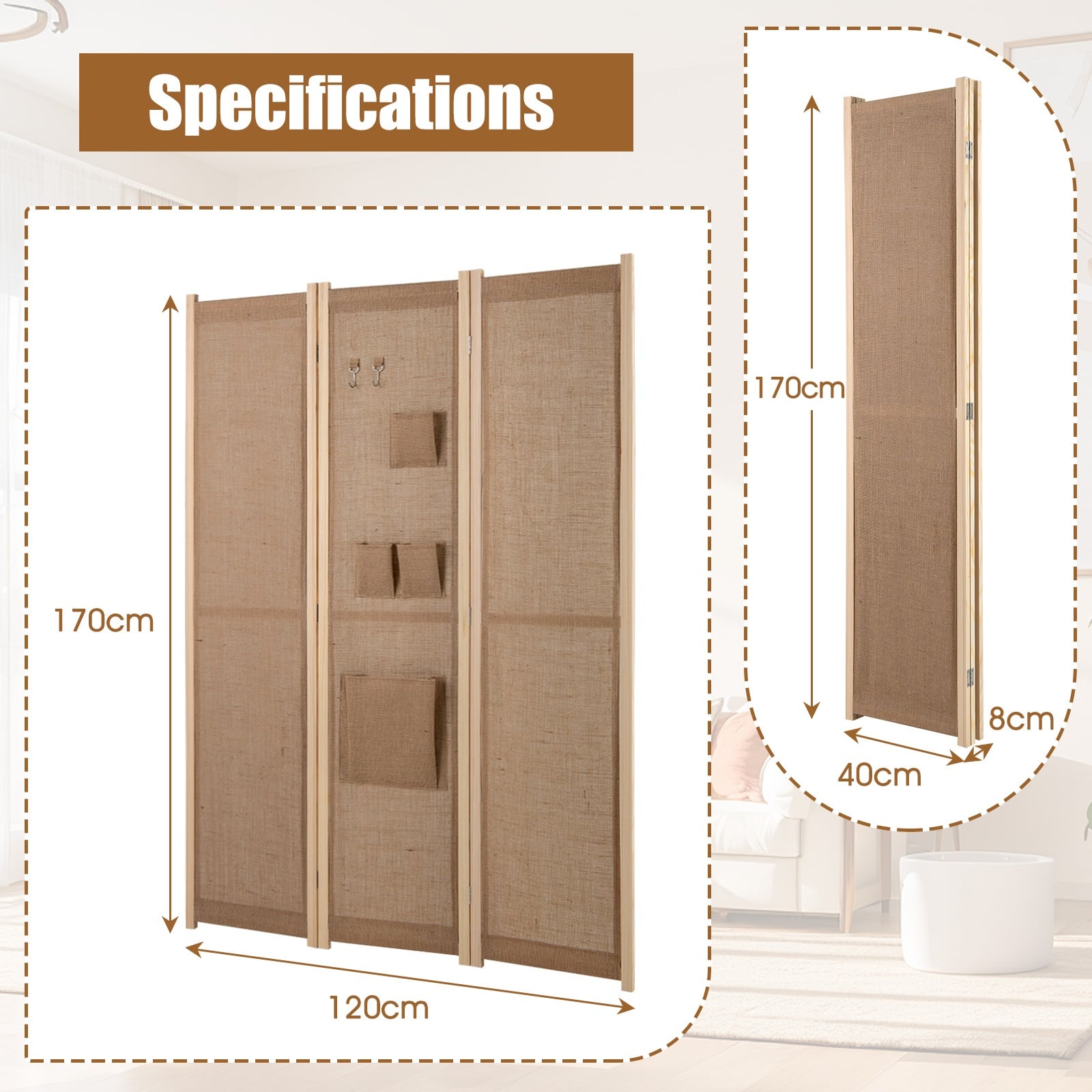 3 Panel Faux Linen Room Divider with Storage Bags-Natural