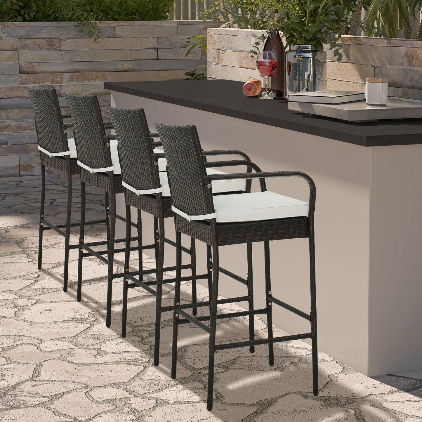 Set of 4 Patio Wicker Barstools PE Rattan with Armrests and Cushions-4 Pack
