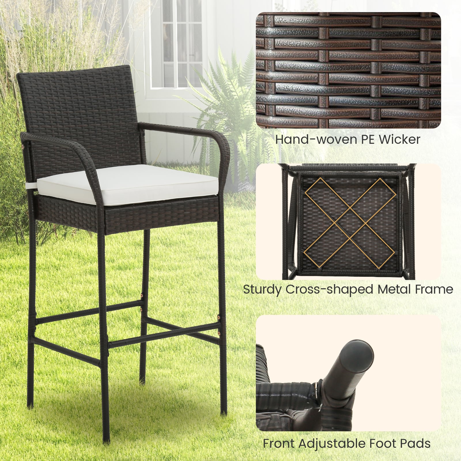 Set of 4 Patio Wicker Barstools PE Rattan with Armrests and Cushions-4 Pack