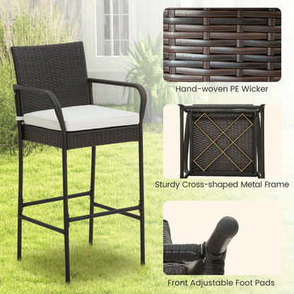 Set of 4 Patio Wicker Barstools PE Rattan with Armrests and Cushions-4 Pack