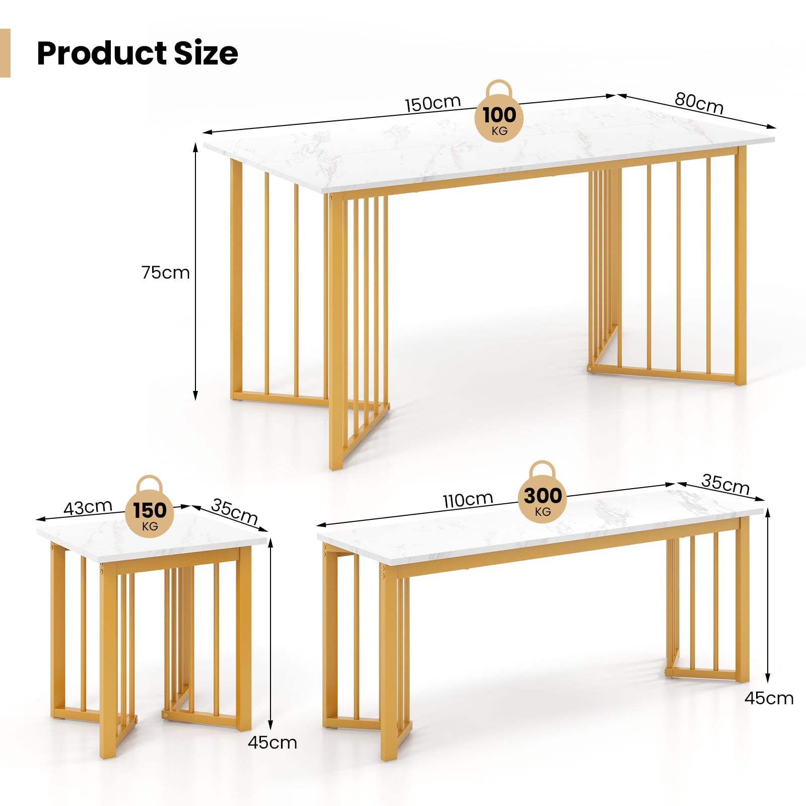 4 Pieces Modern Dinette Dining Table Set with Bench and 2 Stools-White &amp; Golden