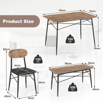 4 Piece Dining Table Set with Bench and Faux Leather Chairs-Rustic Brown
