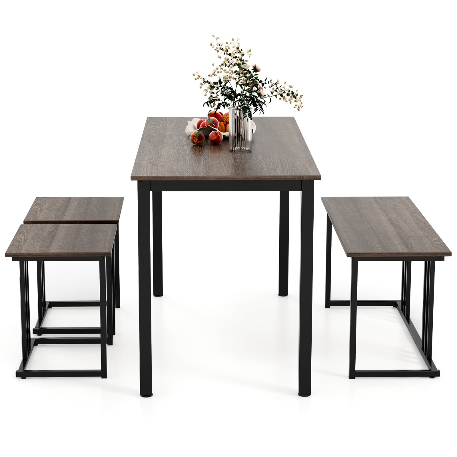 4-Piece Dining Table Set with Bench and 2 Stools for 4 Persons-Oak
