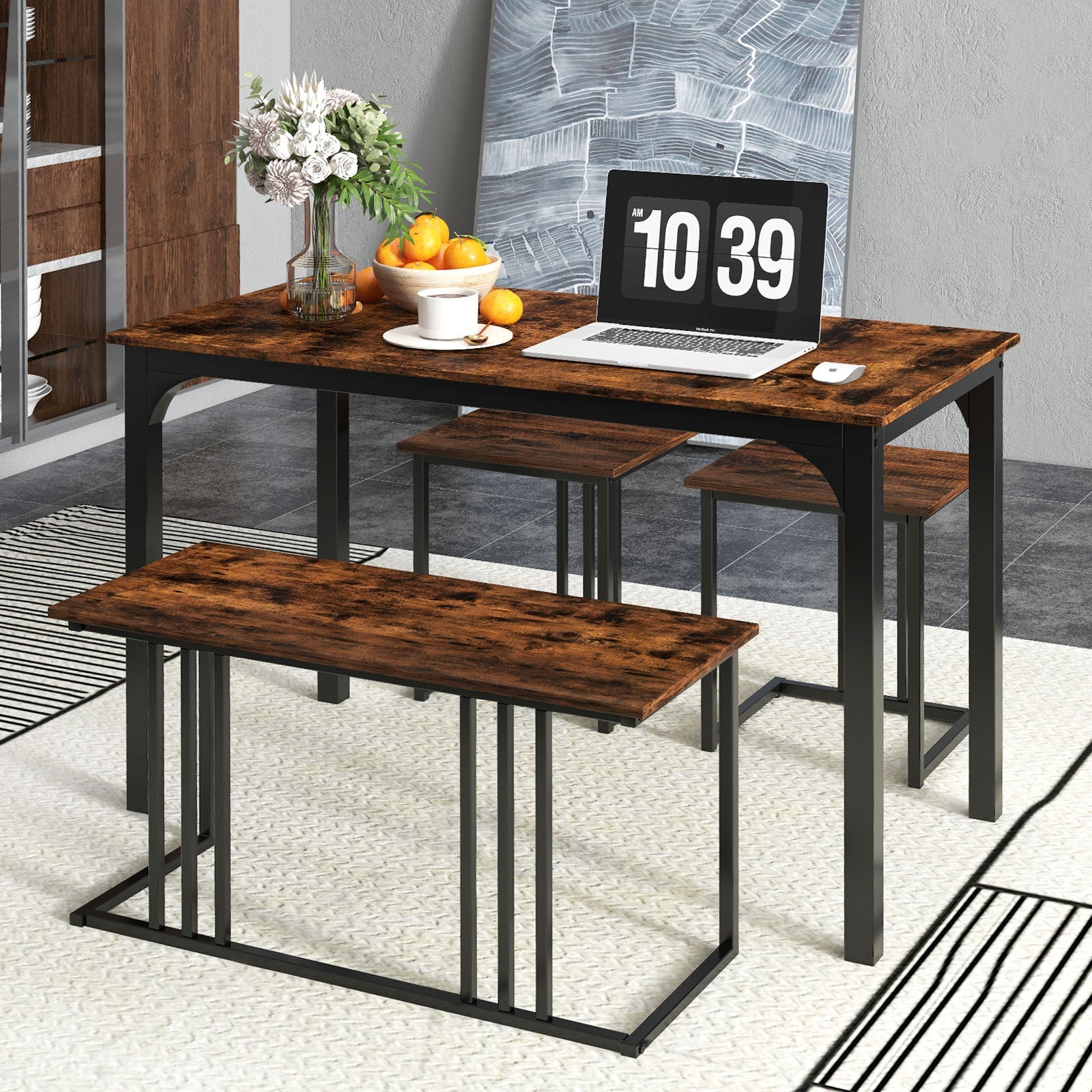 4-Piece Dining Table Set with Bench and 2 Stools for 4 Persons-Rustic Brown