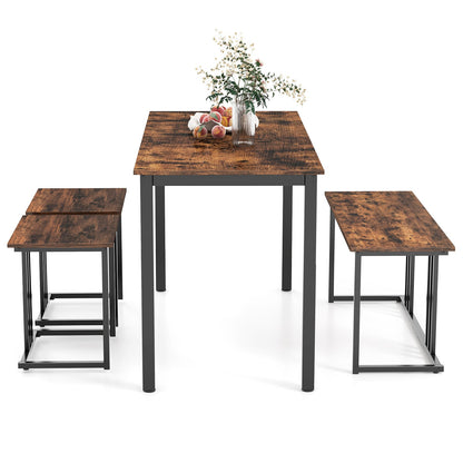 4-Piece Dining Table Set with Bench and 2 Stools for 4 Persons-Rustic Brown