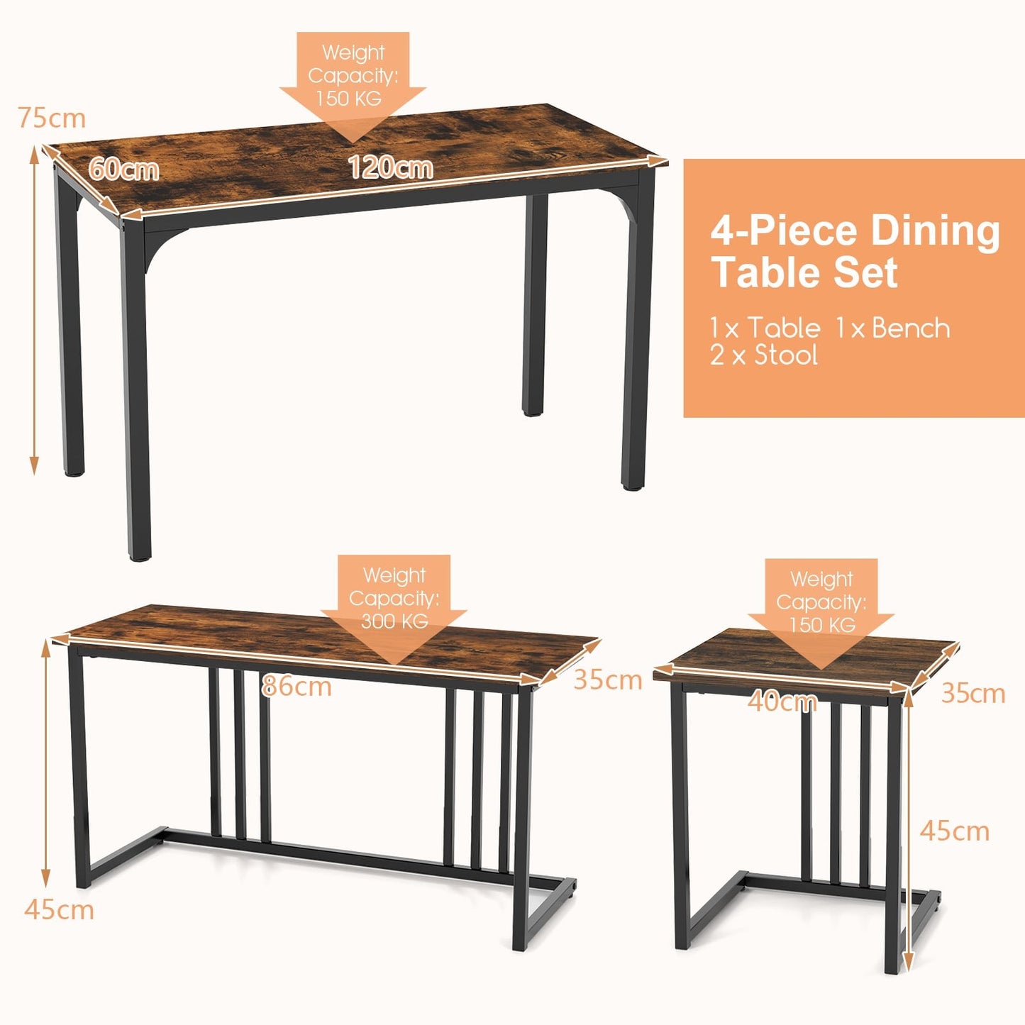4-Piece Dining Table Set with Bench and 2 Stools for 4 Persons-Rustic Brown