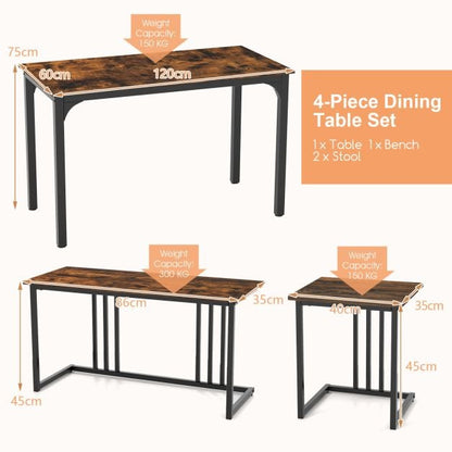 4 Piece Dining Table Set for 4 People, Kitchen Table with Bench and 2 Stools with Metal Frame Brown