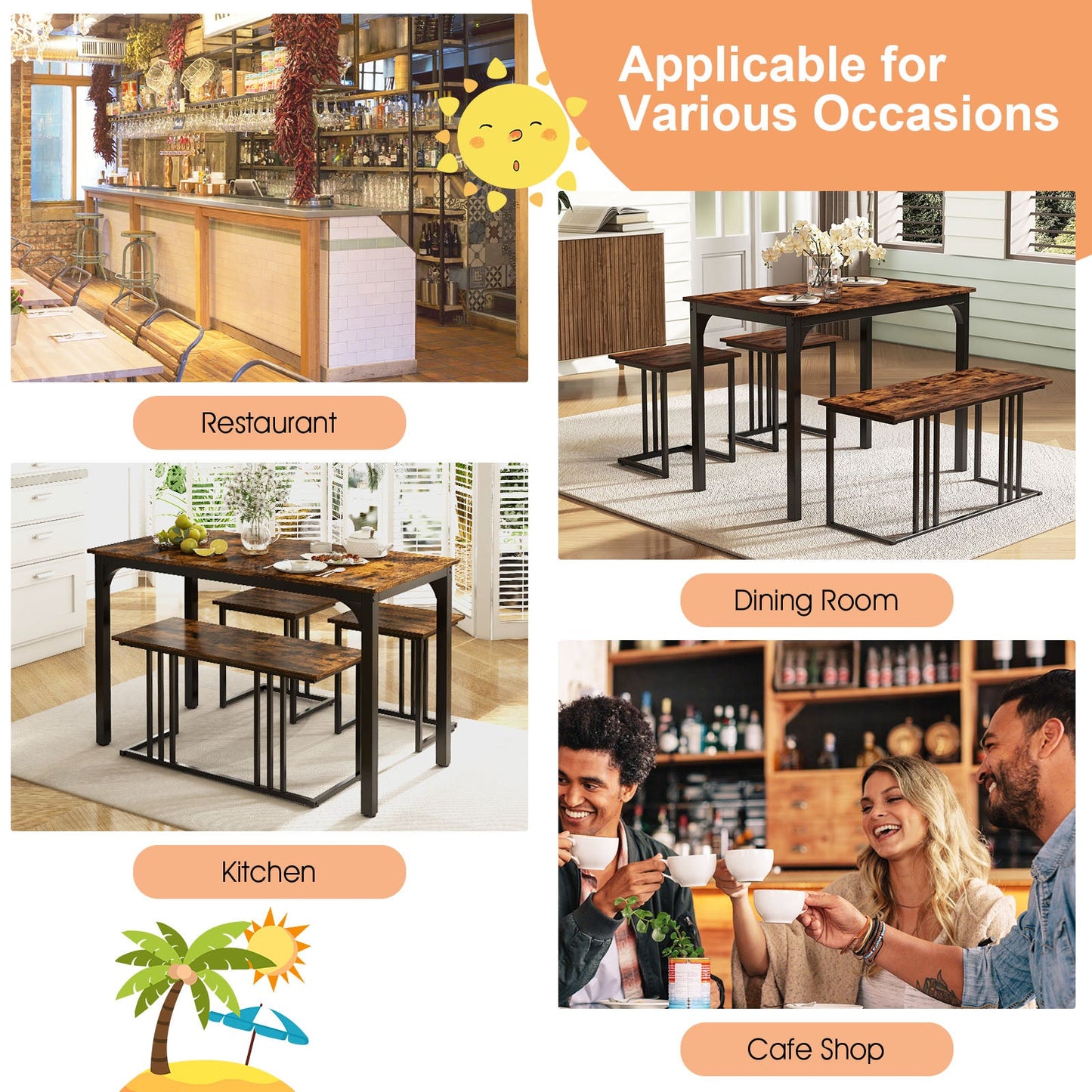 4-Piece Dining Table Set with Bench and 2 Stools for 4 Persons-Rustic Brown