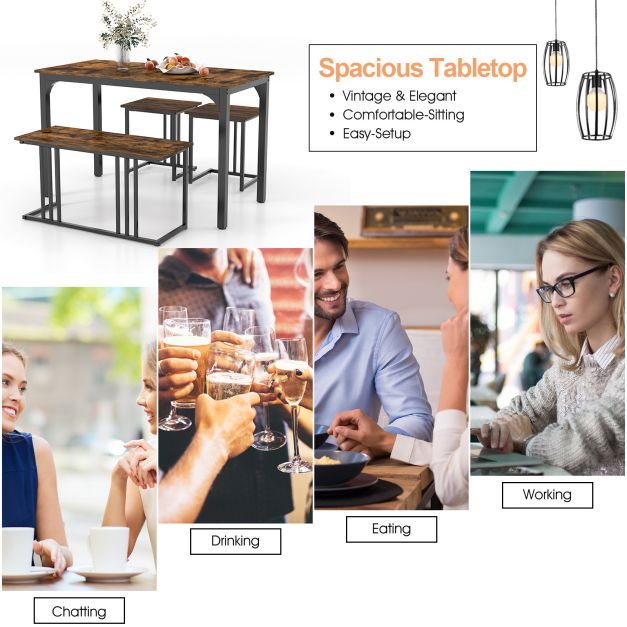 4 Piece Dining Table Set for 4 People, Kitchen Table with Bench and 2 Stools with Metal Frame Brown