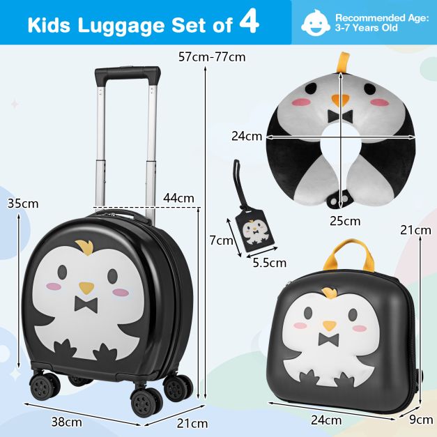 Kids Luggage Set with 14 Inches Carry-on Hardside Spinner Toddler Luggage and 10 Inches Backpack-Black