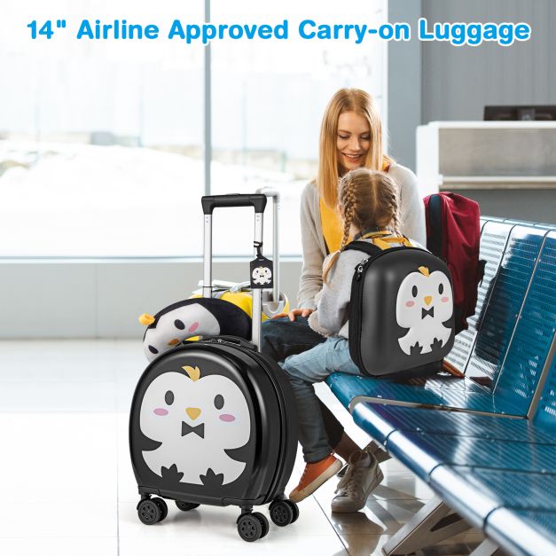 Kids Luggage Set with 14 Inches Carry-on Hardside Spinner Toddler Luggage and 10 Inches Backpack-Black