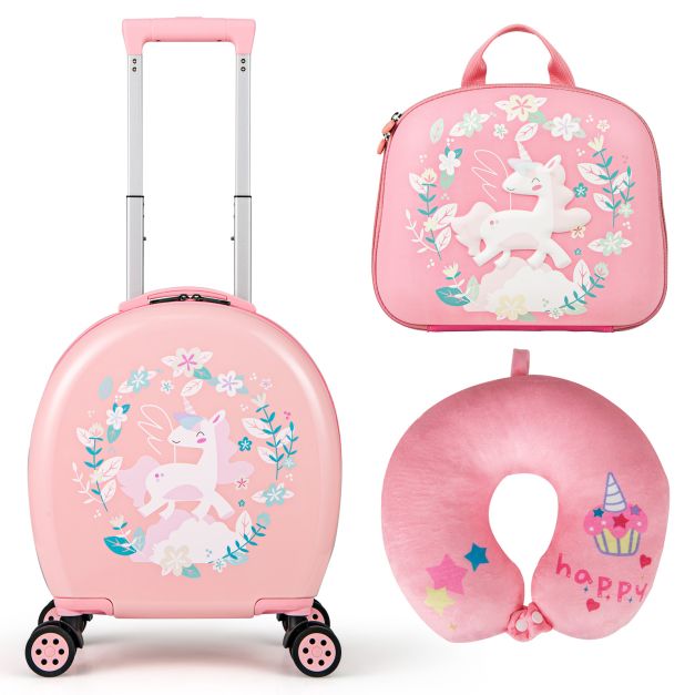 Kids Luggage Set with 14 Inches Carry-on Hardside Spinner Toddler Luggage and 10 Inches Backpack-Pink
