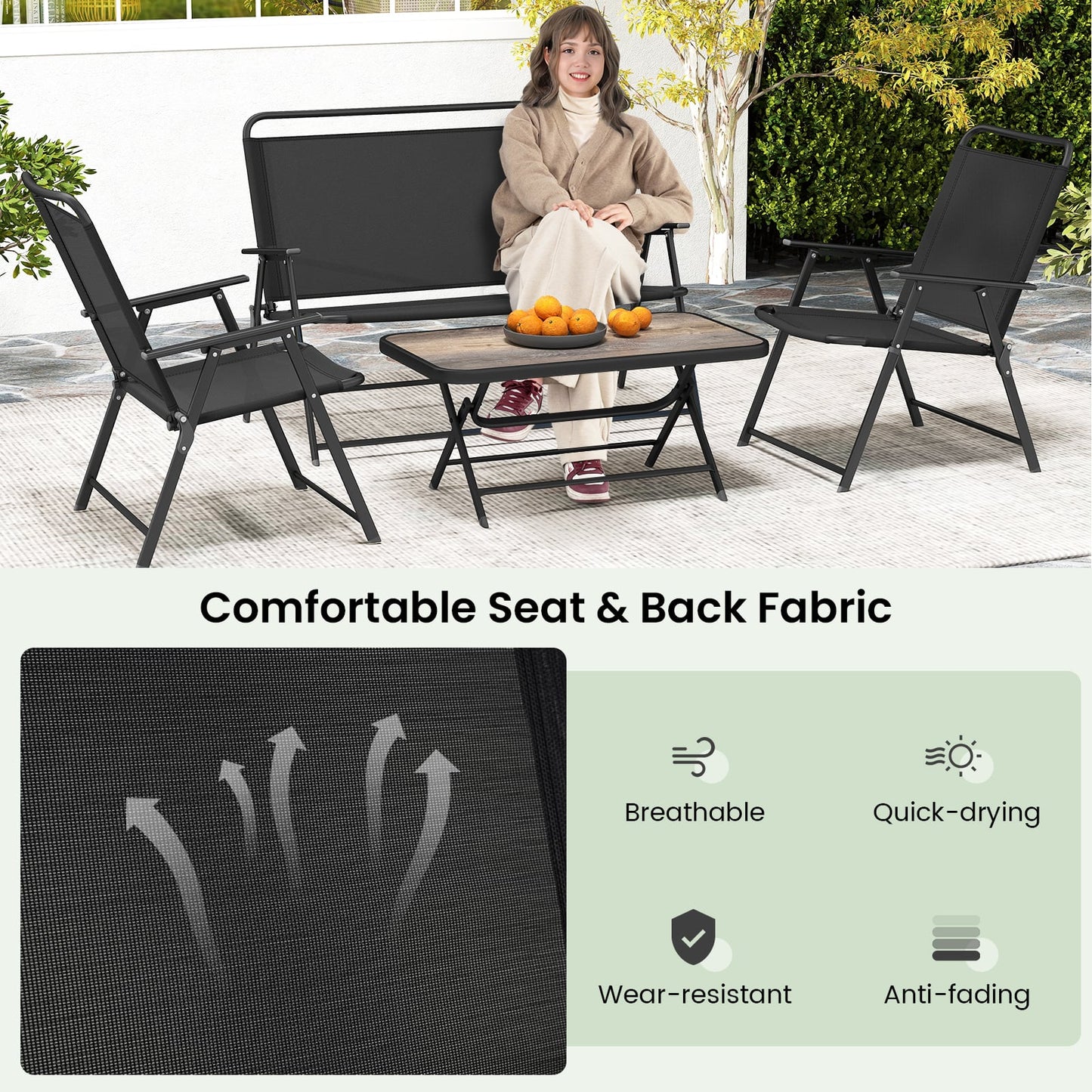 4 Piece Outdoor Conversation Set with 2 Chairs and Loveseat-Black